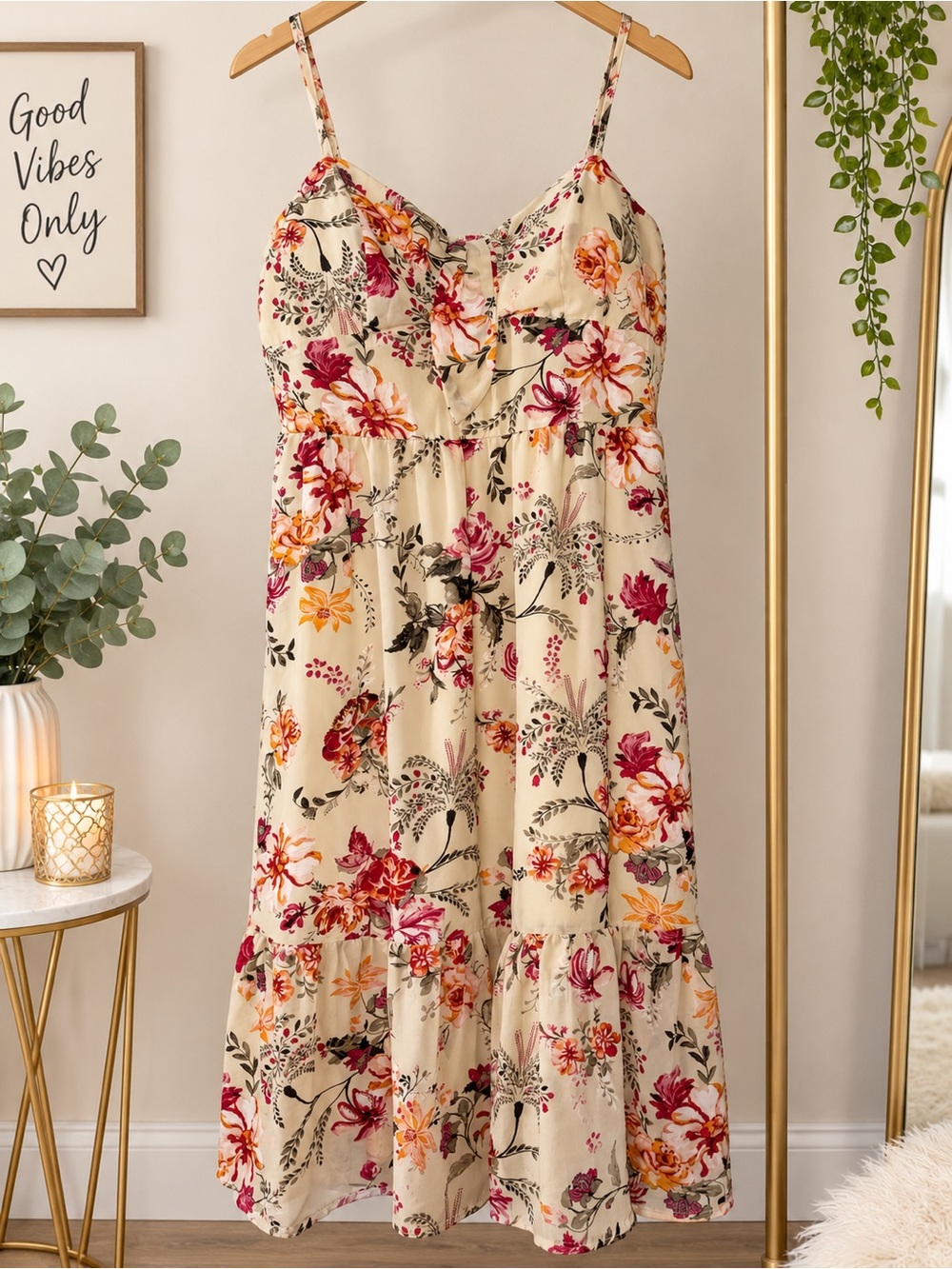 AUW Cream Floral Spaghetti-Strap Midi Dress